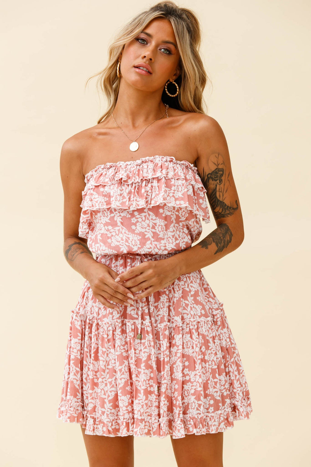 Raquel Strapless Layered Dress Floral Print Blush by Selfie Leslie