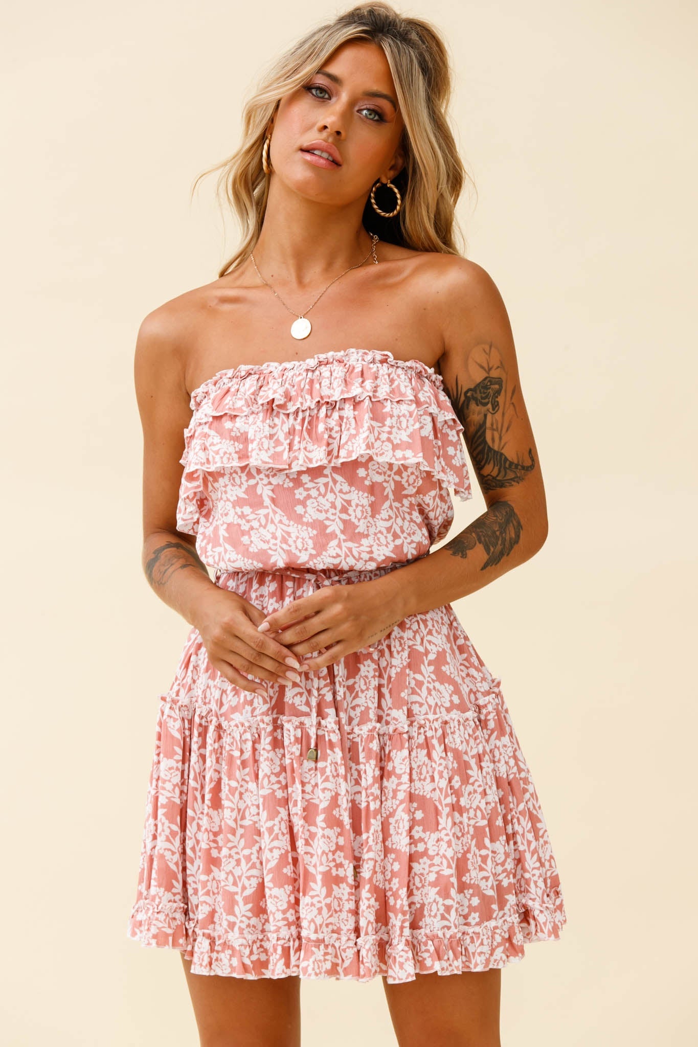 Raquel Strapless Layered Dress Floral Print Blush by Selfie Leslie