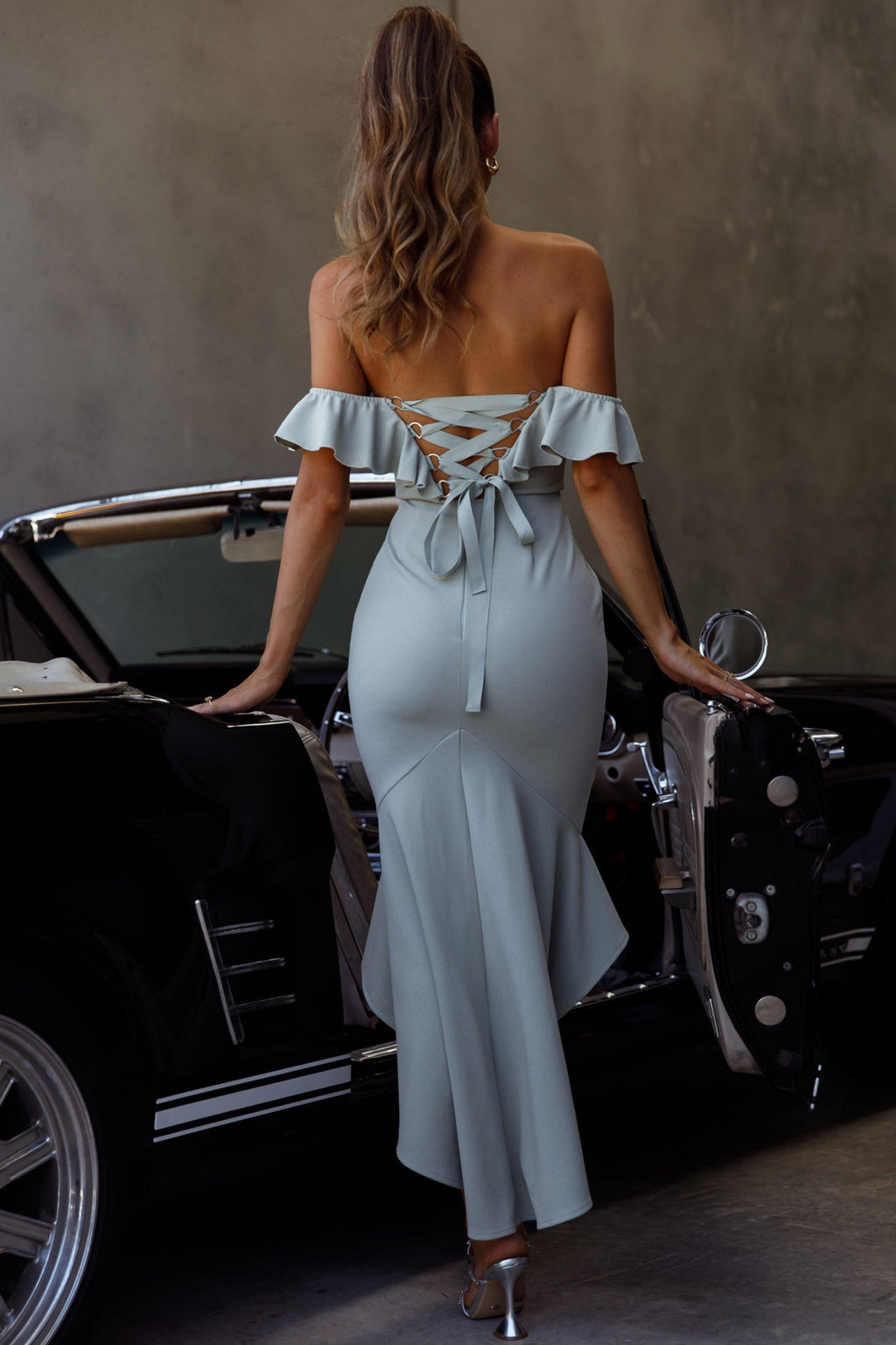Cloud 9 Bardot Neckline Corset Back Dress Sage by Selfie Leslie