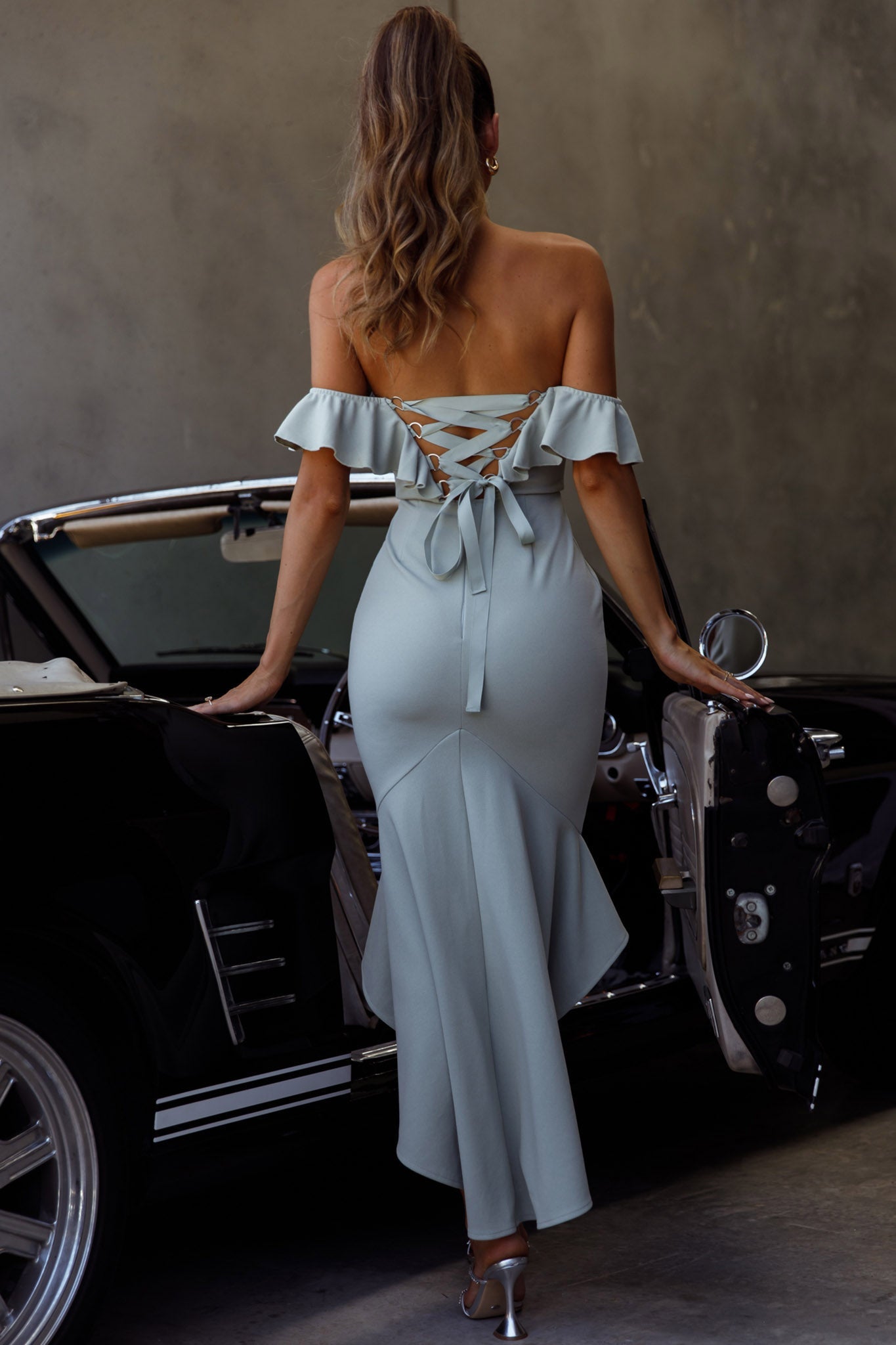 Cloud 9 Bardot Neckline Corset Back Dress Sage by Selfie Leslie