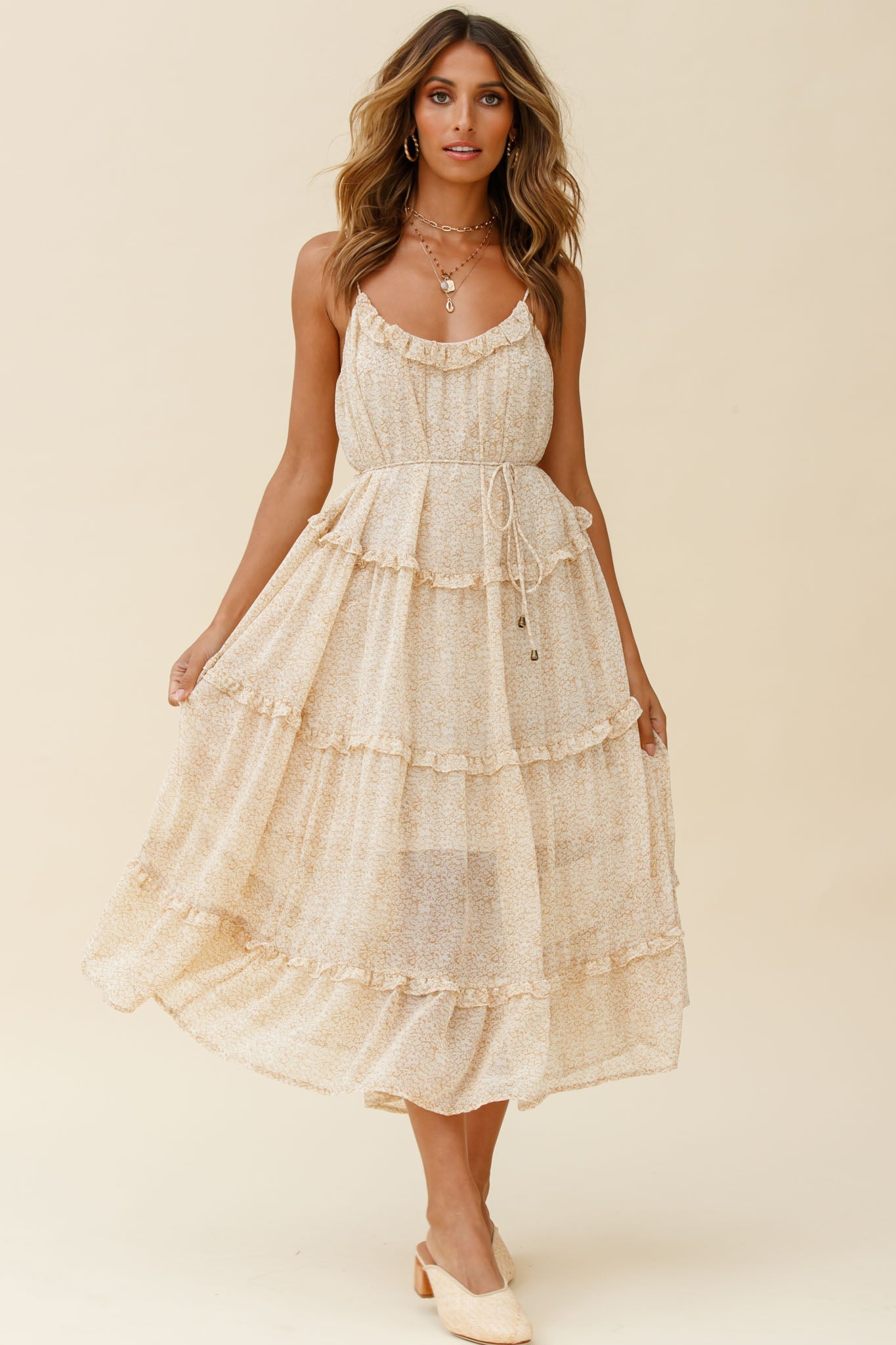 Daybreak Frill Trim String Tie Waist Midi Dress Floral Print Beige by Selfie Leslie