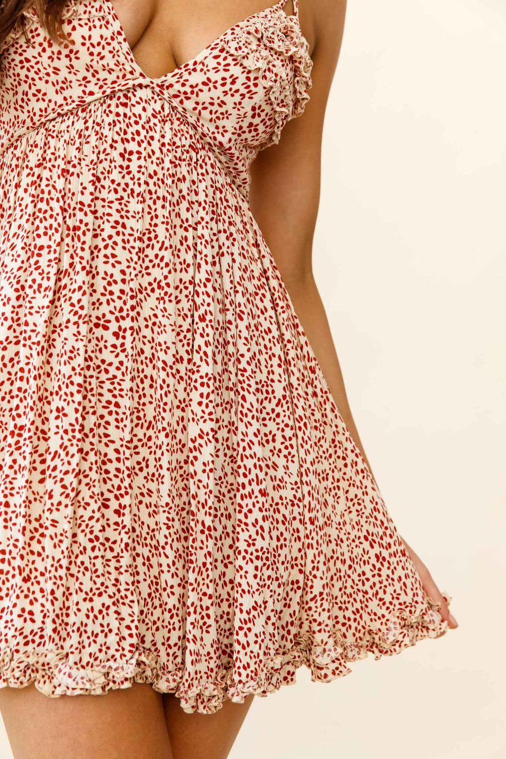 Dote On Me Frill Trim Strappy Back Dress Flower Print Beige by Selfie Leslie