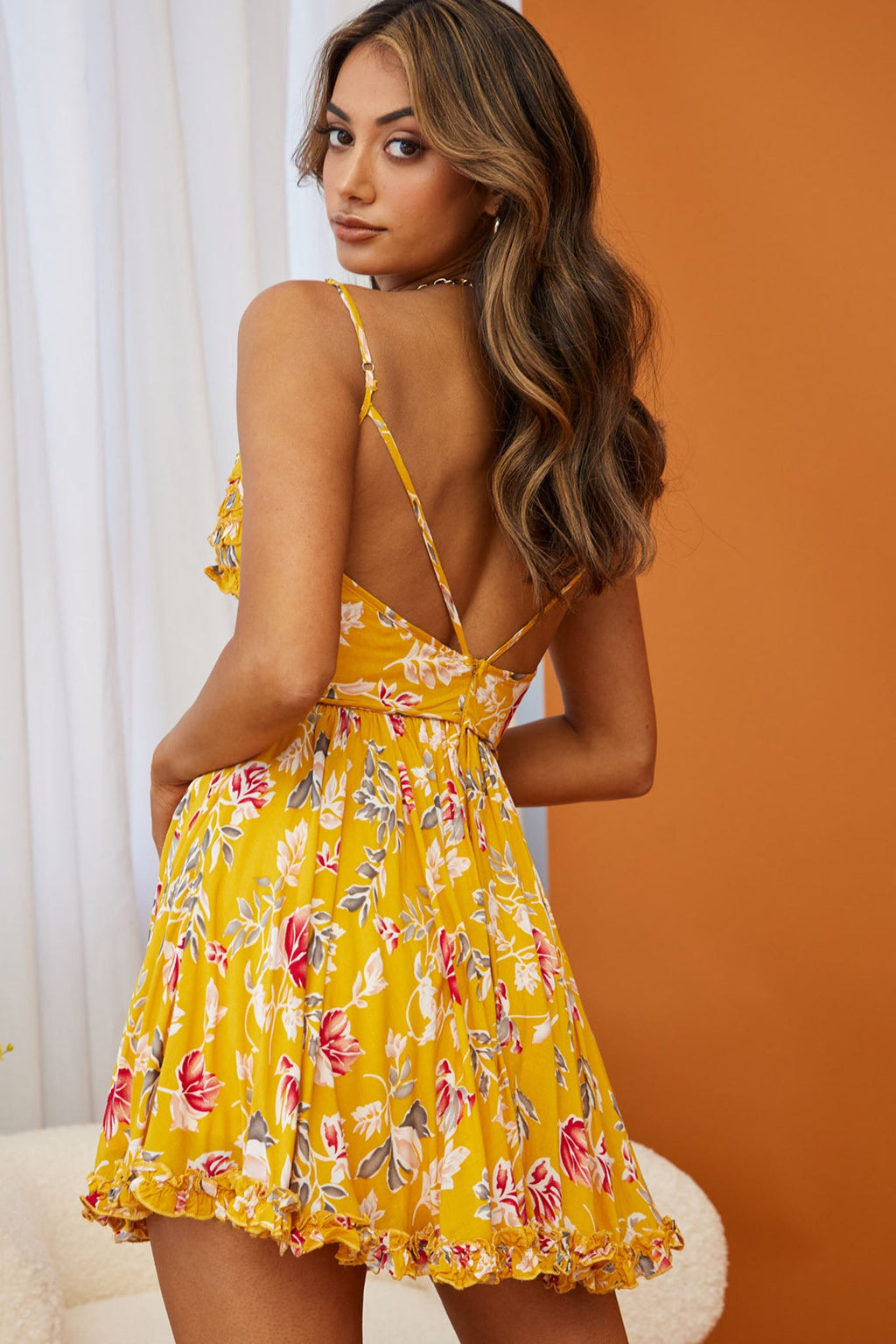 Dote On Me Frill Trim Strappy Back Dress Flower Print Mustard by Selfie Leslie