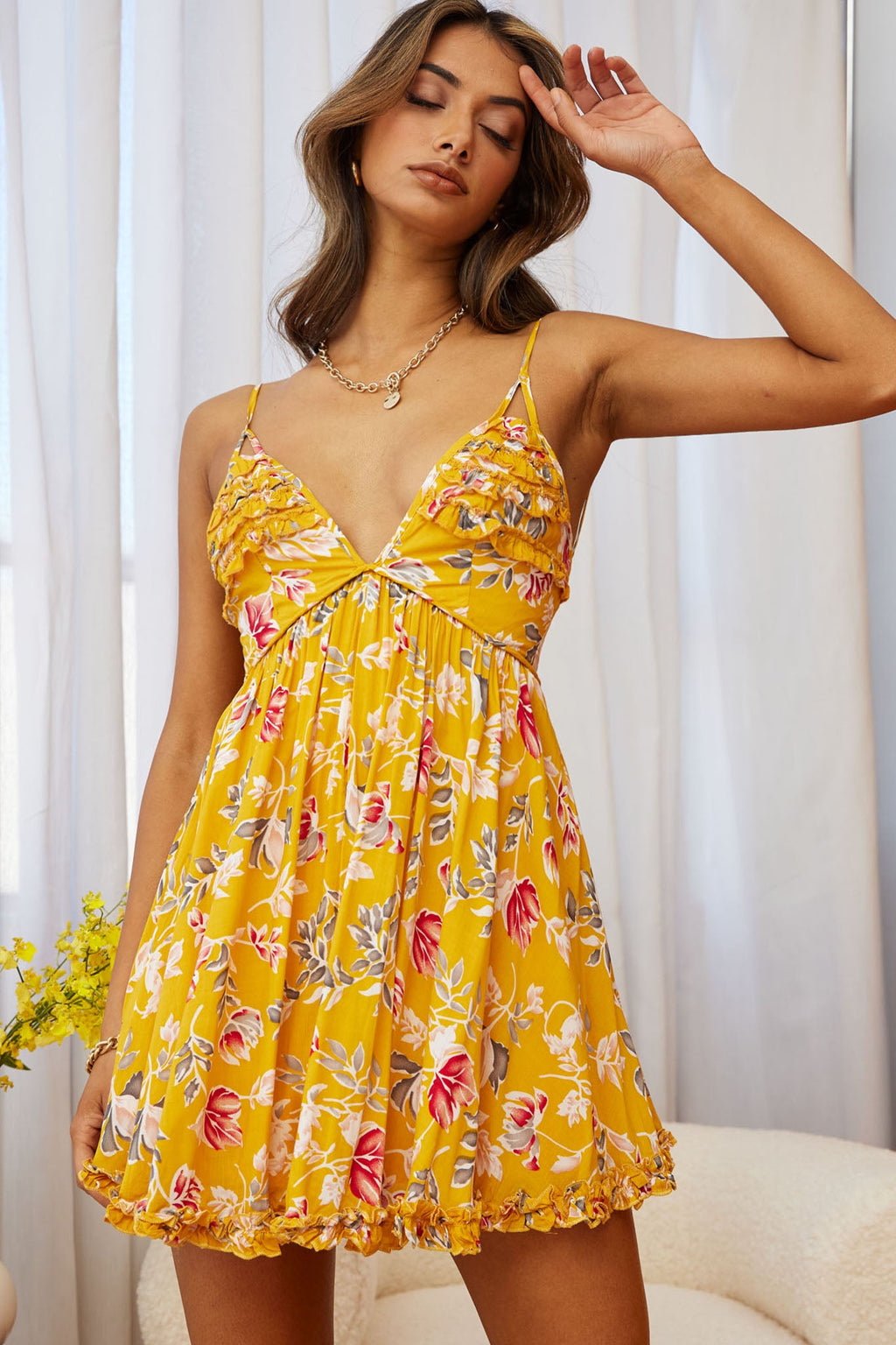 Dote On Me Frill Trim Strappy Back Dress Flower Print Mustard by Selfie Leslie