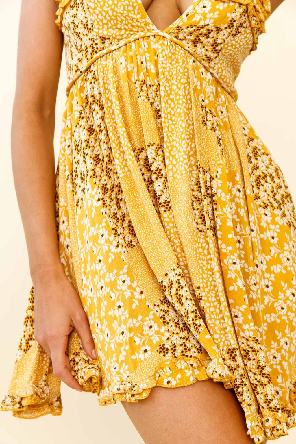 Dote On Me Frill Trim Strappy Back Dress Flower Print Yellow by Selfie Leslie