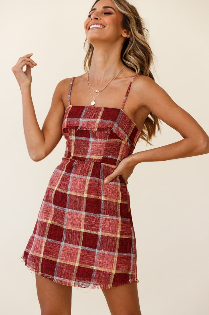 Little Miss Plaid Raw Hem Mini Dress Burgundy Multi by Selfie Leslie
