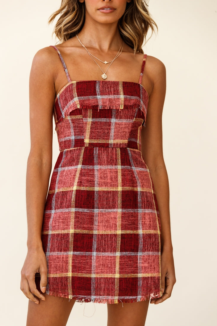 Little Miss Plaid Raw Hem Mini Dress Burgundy Multi by Selfie Leslie