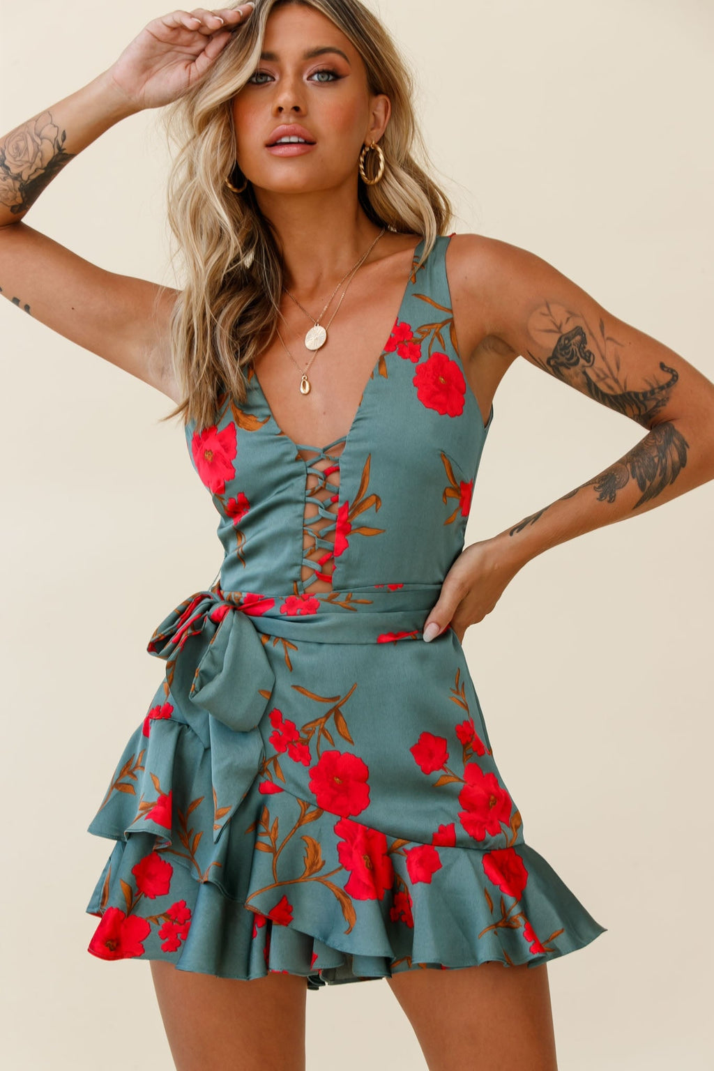 Wishful Thinking Plunging Neckline Ruffle Hem Romper Floral Print Sage by Selfie Leslie