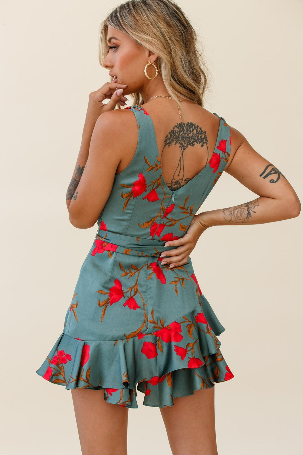 Wishful Thinking Plunging Neckline Ruffle Hem Romper Floral Print Sage by Selfie Leslie