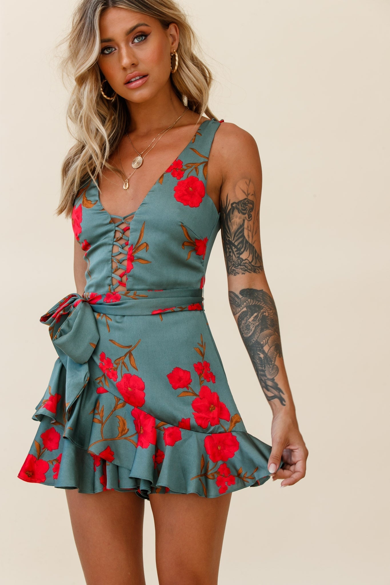 Wishful Thinking Plunging Neckline Ruffle Hem Romper Floral Print Sage by Selfie Leslie