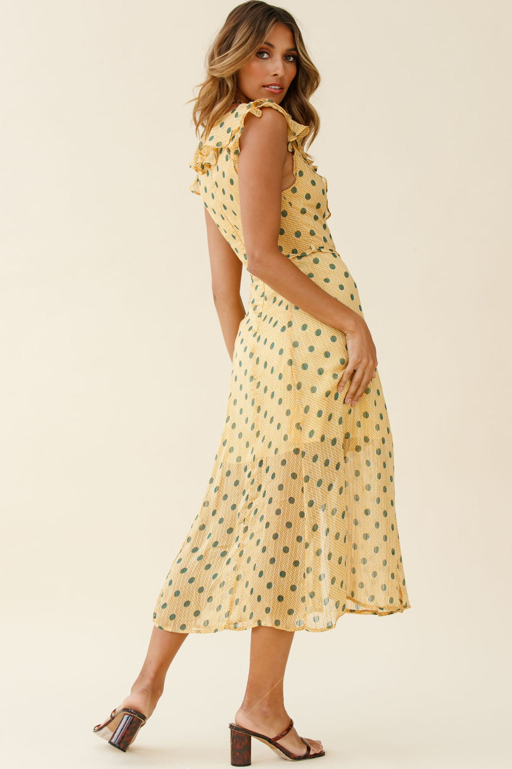 Karina Frill Neckline Midi Dress Polka Dot Print Mustard by Selfie Leslie