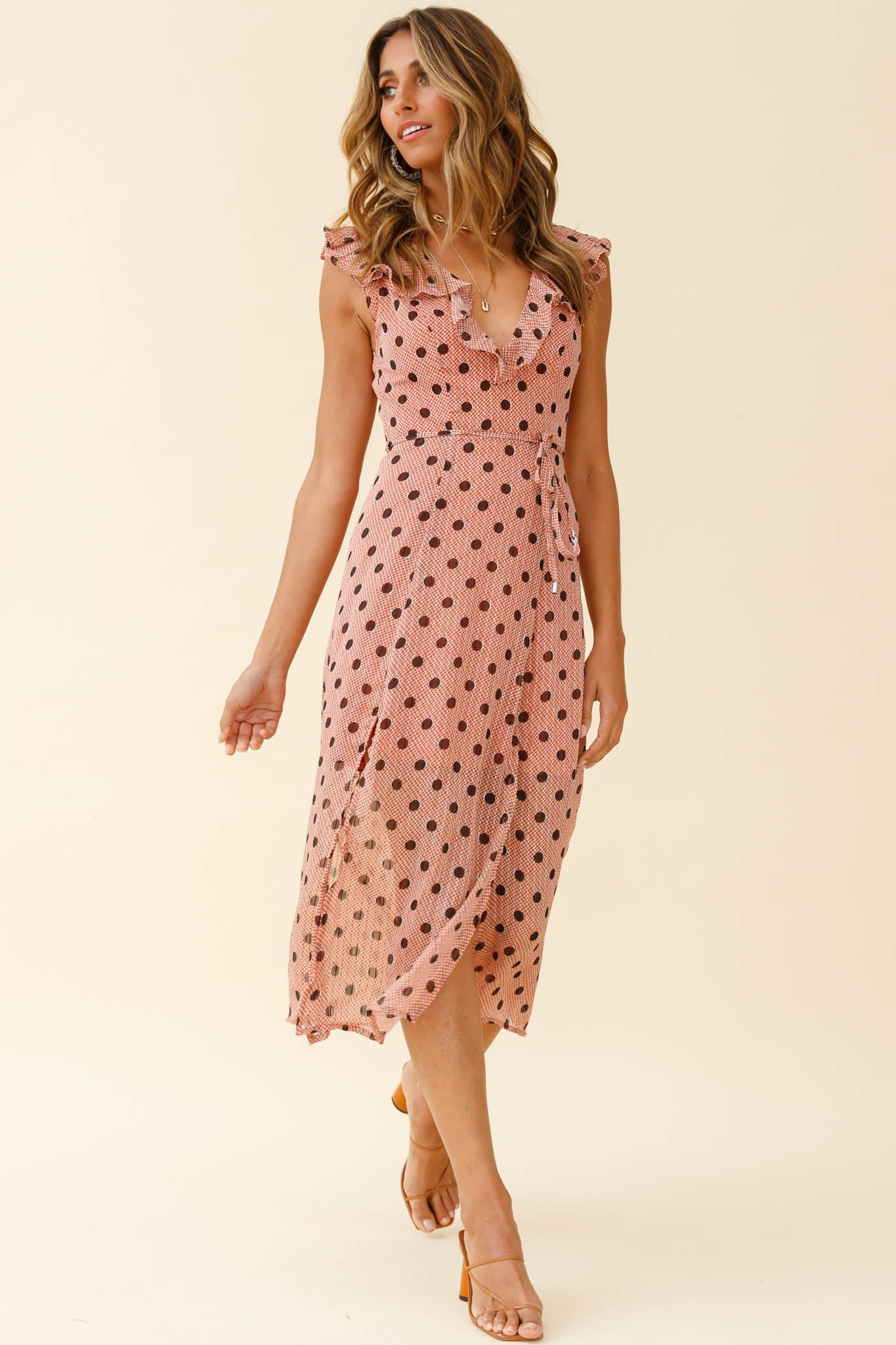 Karina Frill Neckline Midi Dress Polka Dot Print Rust by Selfie Leslie