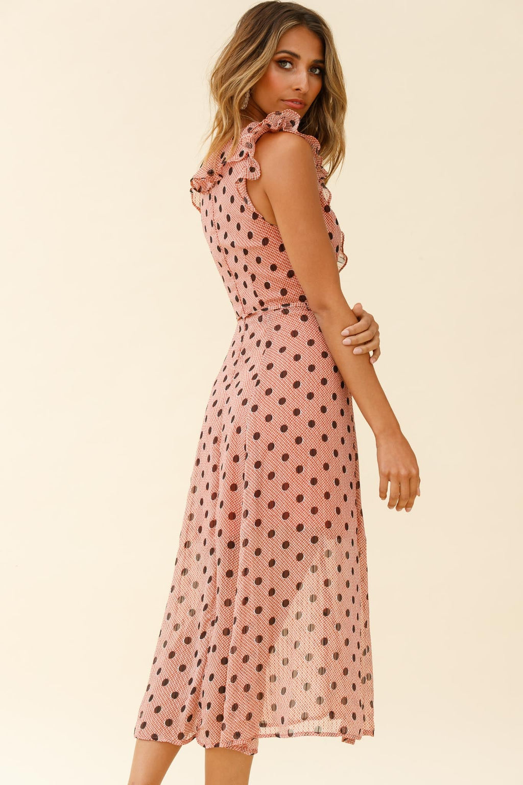 Karina Frill Neckline Midi Dress Polka Dot Print Rust by Selfie Leslie