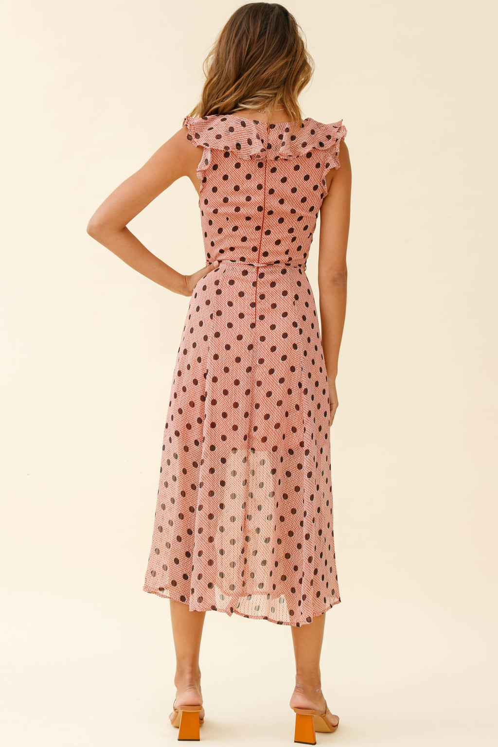 Karina Frill Neckline Midi Dress Polka Dot Print Rust by Selfie Leslie