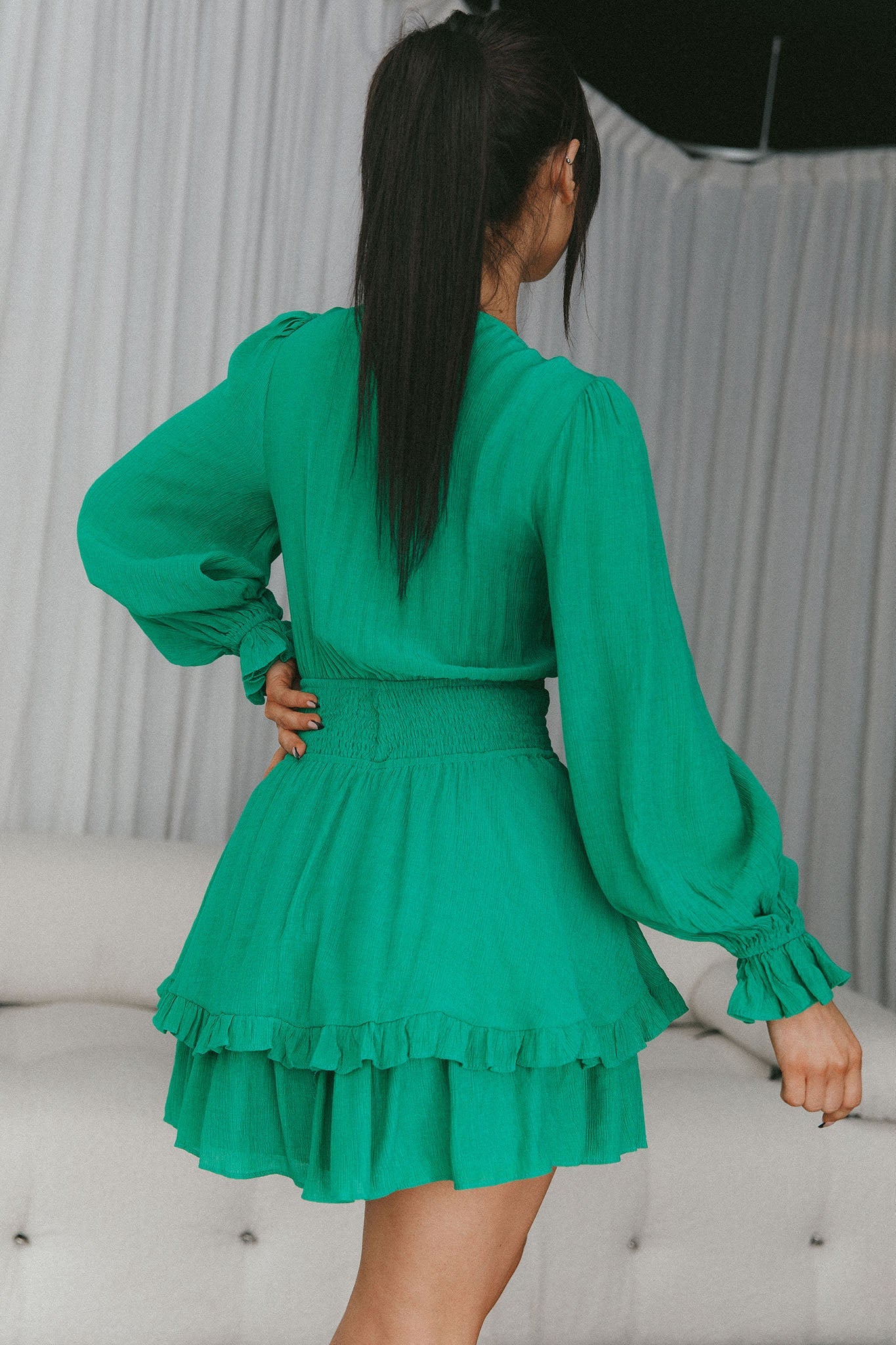 Anthea Bow-Tie Front Layered Frill Dress Green by Selfie Leslie