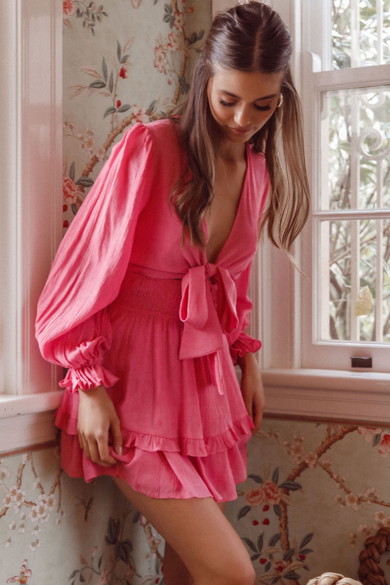 Anthea Bow-Tie Front Layered Frill Dress Hot Pink by Selfie Leslie Australia