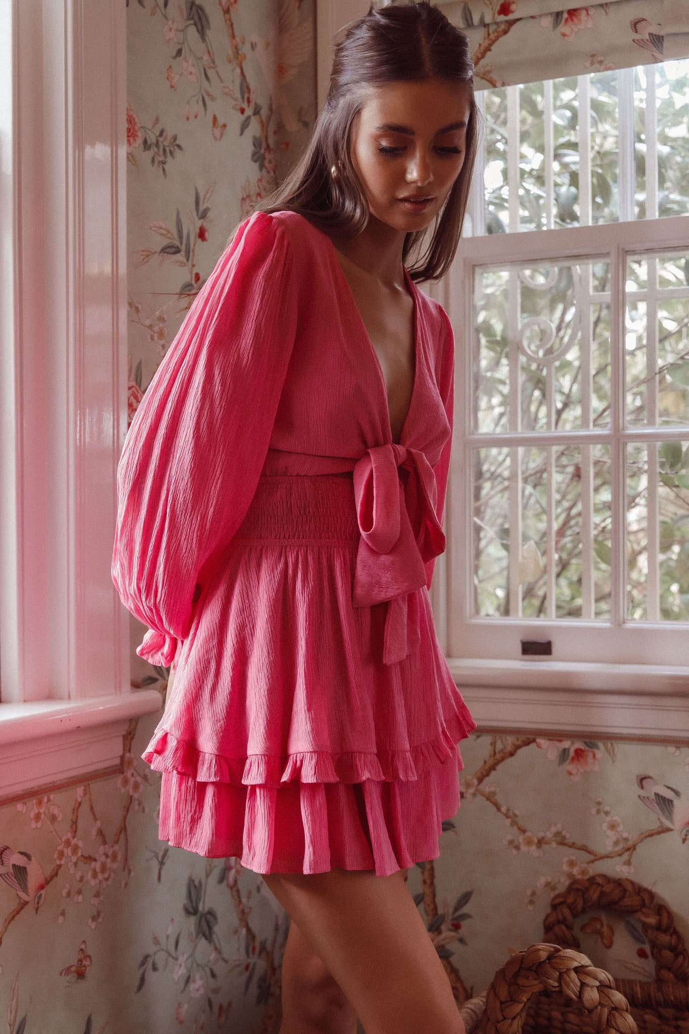 Anthea Bow-Tie Front Layered Frill Dress Hot Pink by Selfie Leslie Australia