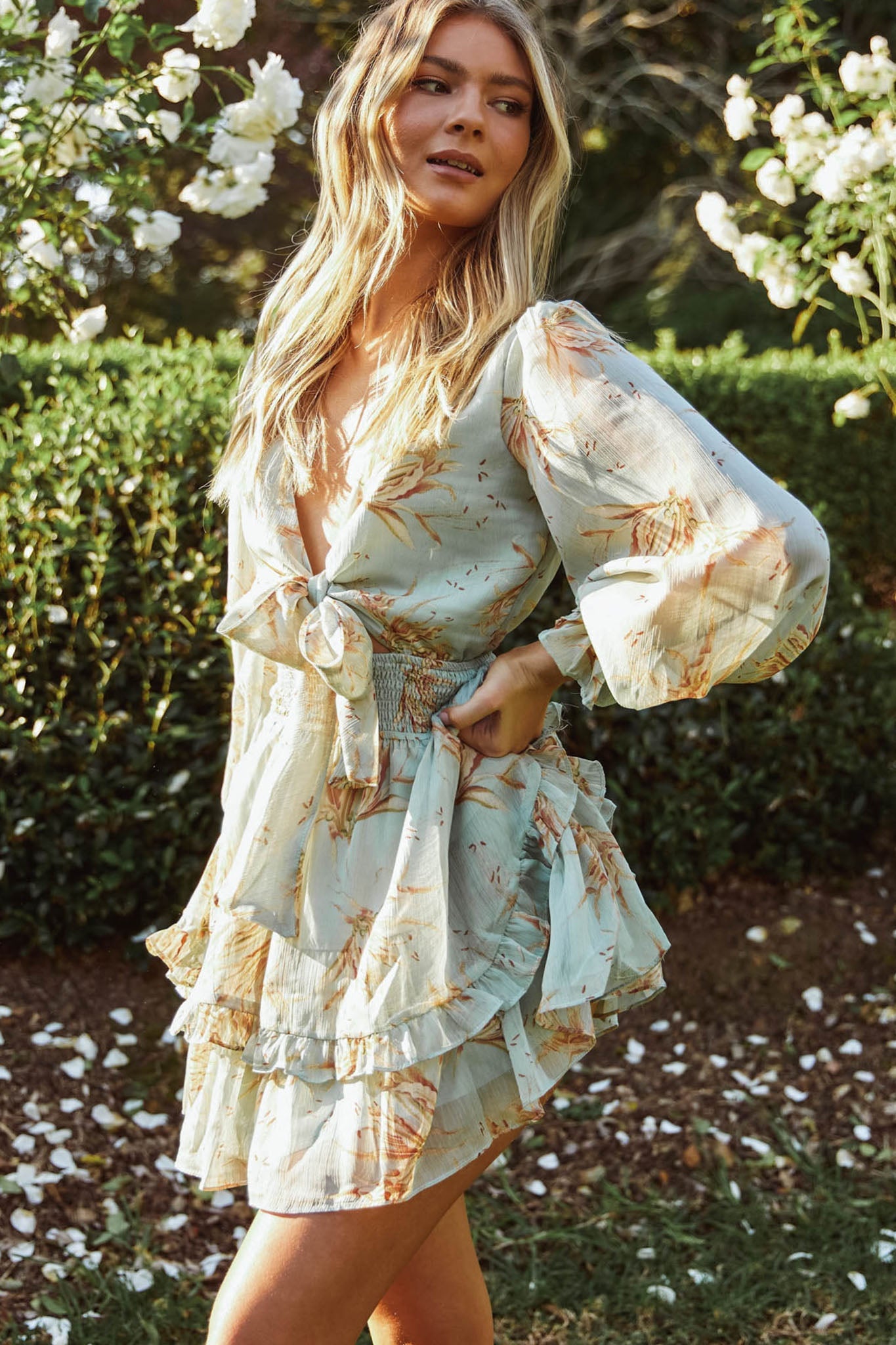 Anthea Long Sleeve Bow-Tie Front Frill Dress Lily Print Pistachio by Selfie Leslie