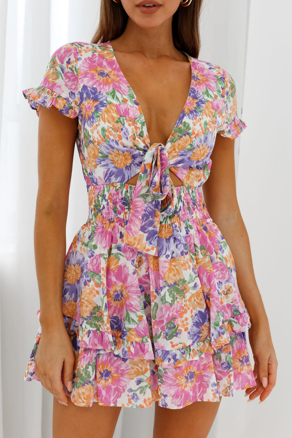 Anthea Bow-Tie Front Layered Frill Dress Floral Print White Multi by Selfie Leslie
