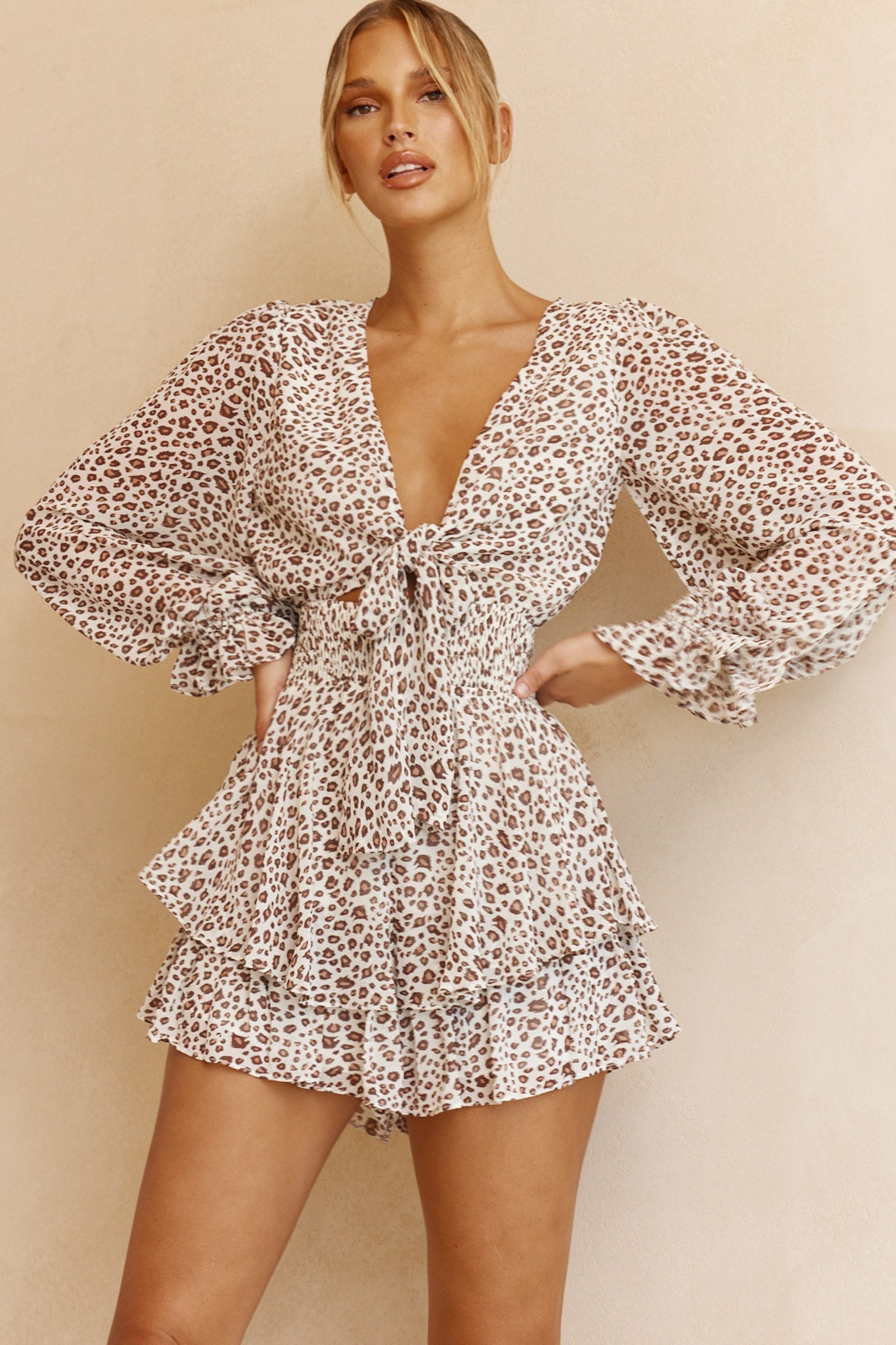 Anthea Bow-Tie Front Layered Frill Romper Leopard Print Beige by Selfie Leslie