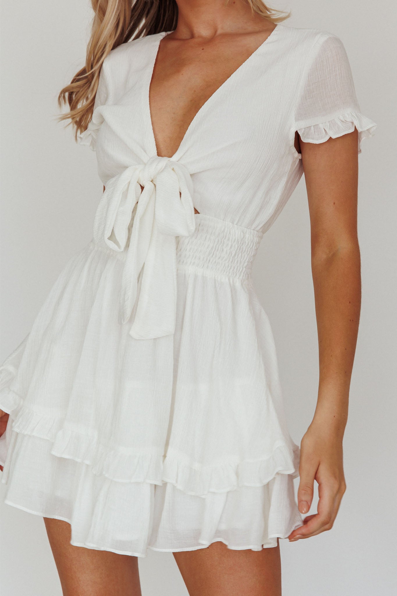 Anthea Bow-Tie Short Sleeve Frill Dress White by Selfie Leslie Australia