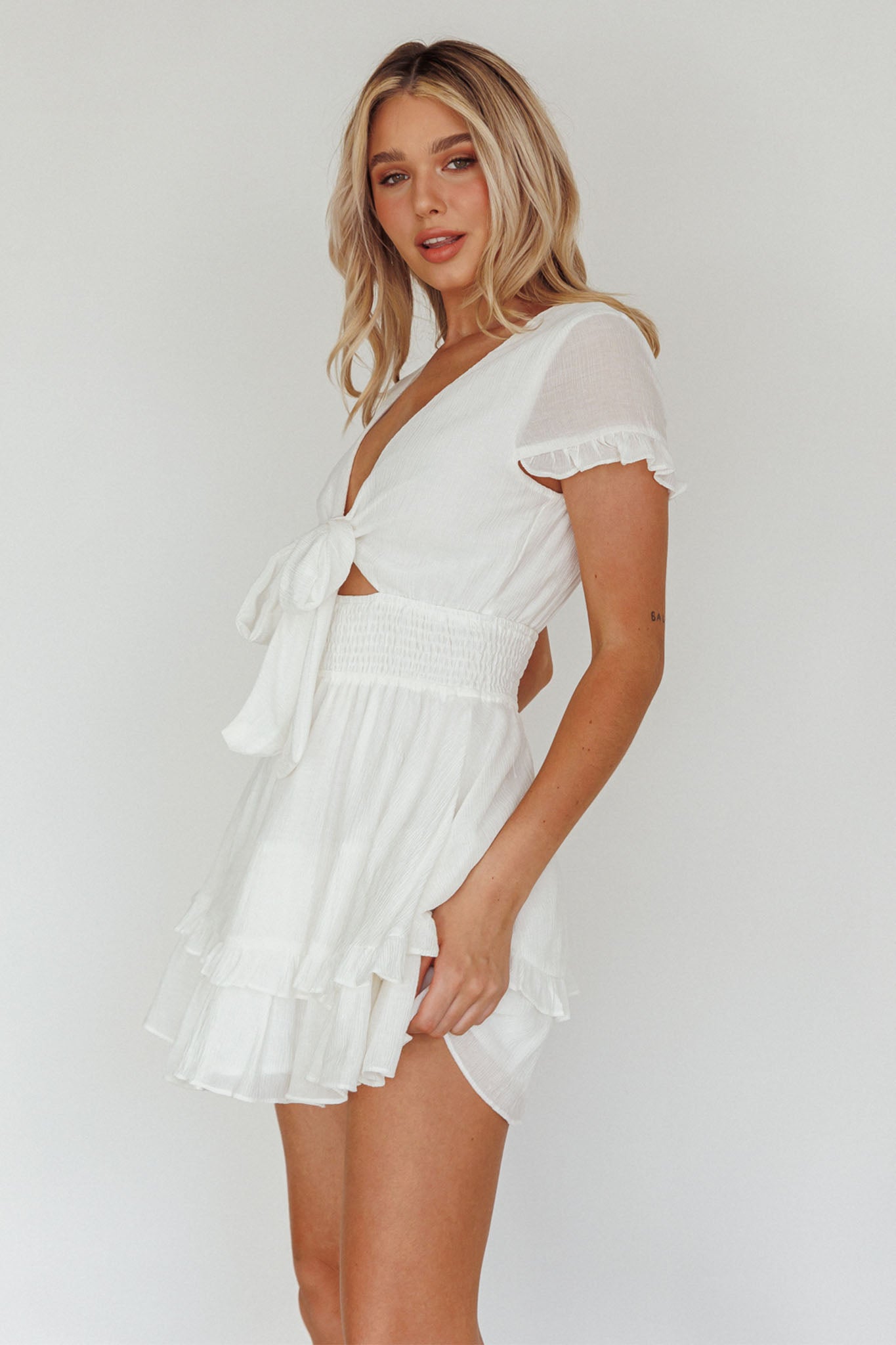 Anthea Bow-Tie Short Sleeve Frill Dress White by Selfie Leslie Australia