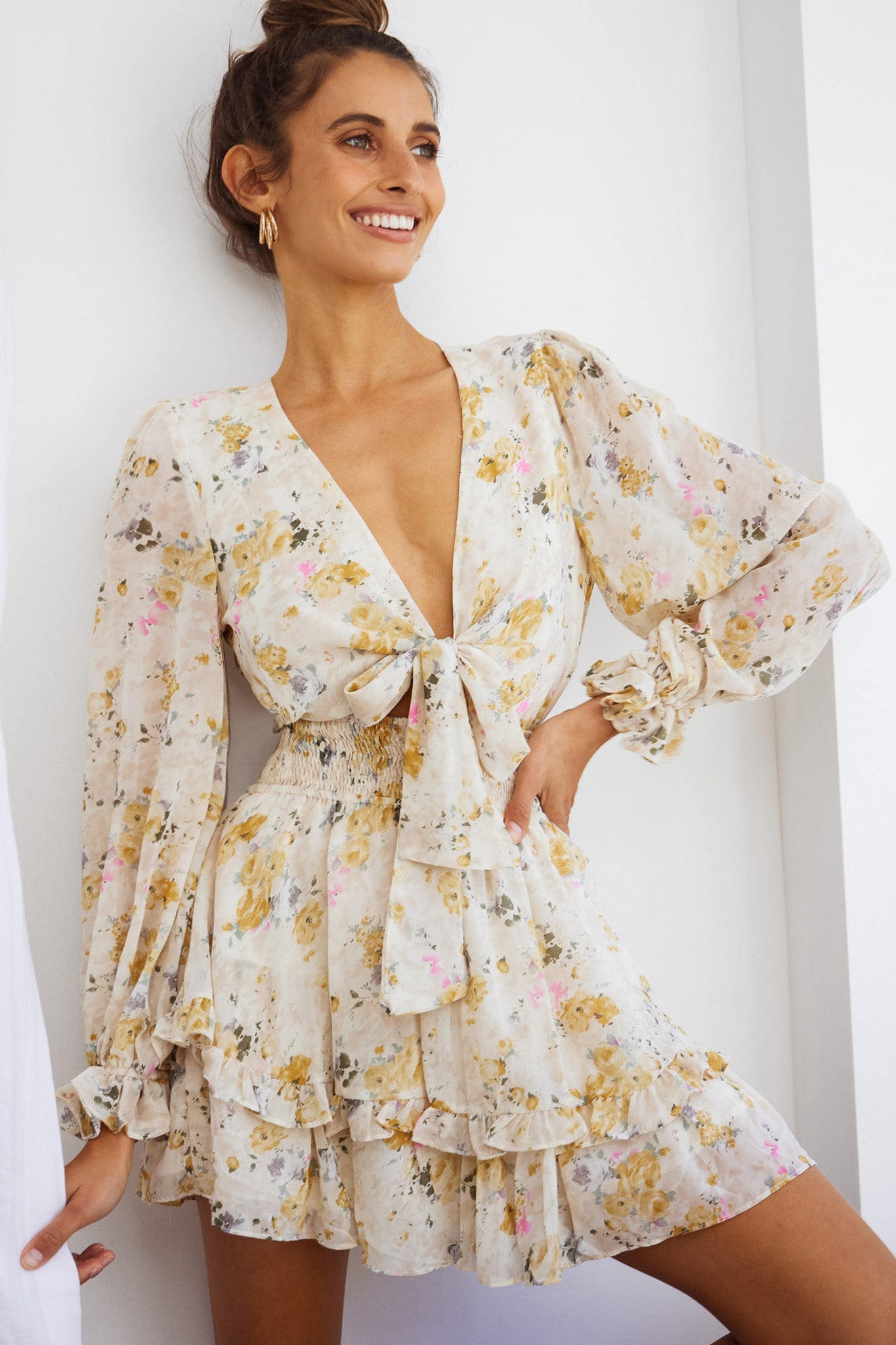 Anthea Bow-Tie Front Layered Frill Dress Vintage Floral Print Beige by Selfie Leslie