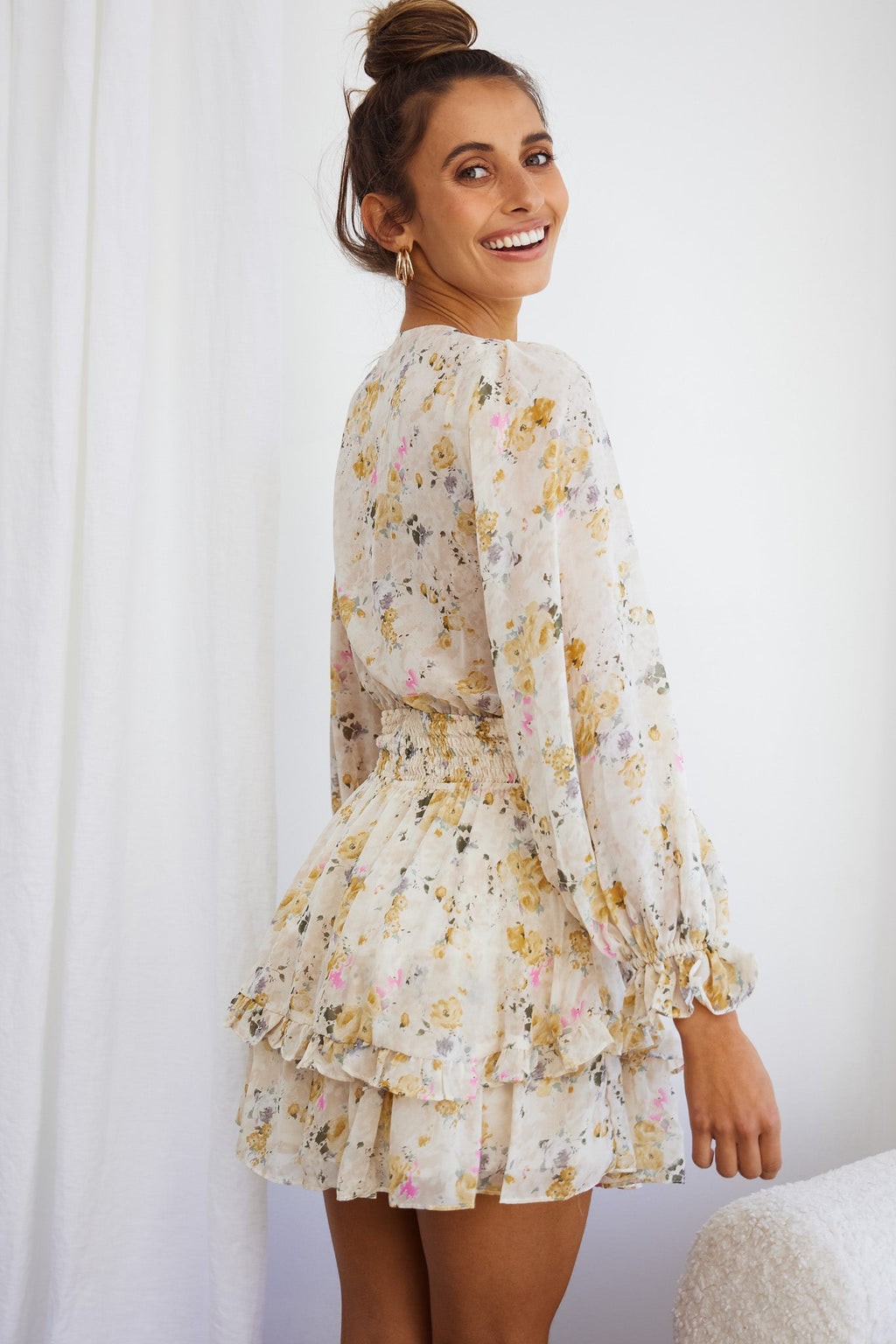 Anthea Bow-Tie Front Layered Frill Dress Vintage Floral Print Beige by Selfie Leslie