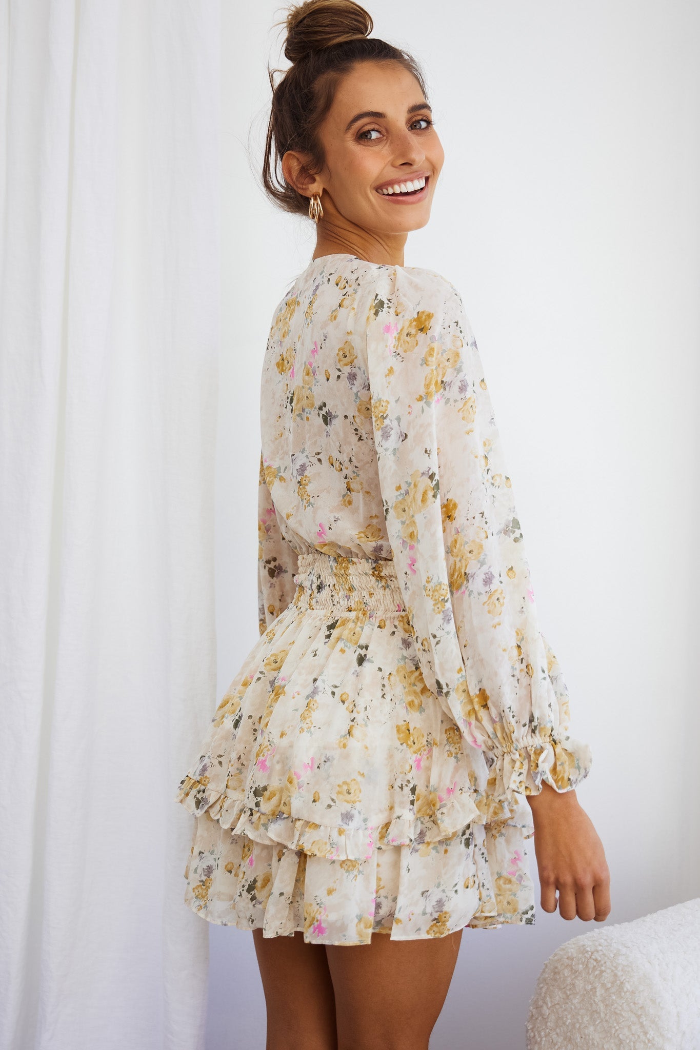 Anthea Bow-Tie Front Layered Frill Dress Vintage Floral Print Beige by Selfie Leslie