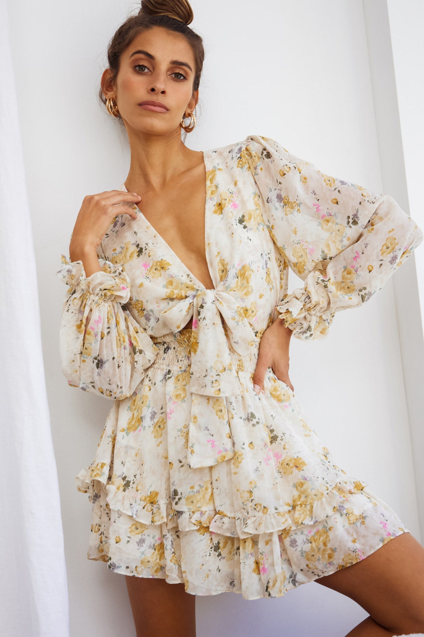 Anthea Bow-Tie Front Layered Frill Dress Vintage Floral Print Beige by Selfie Leslie