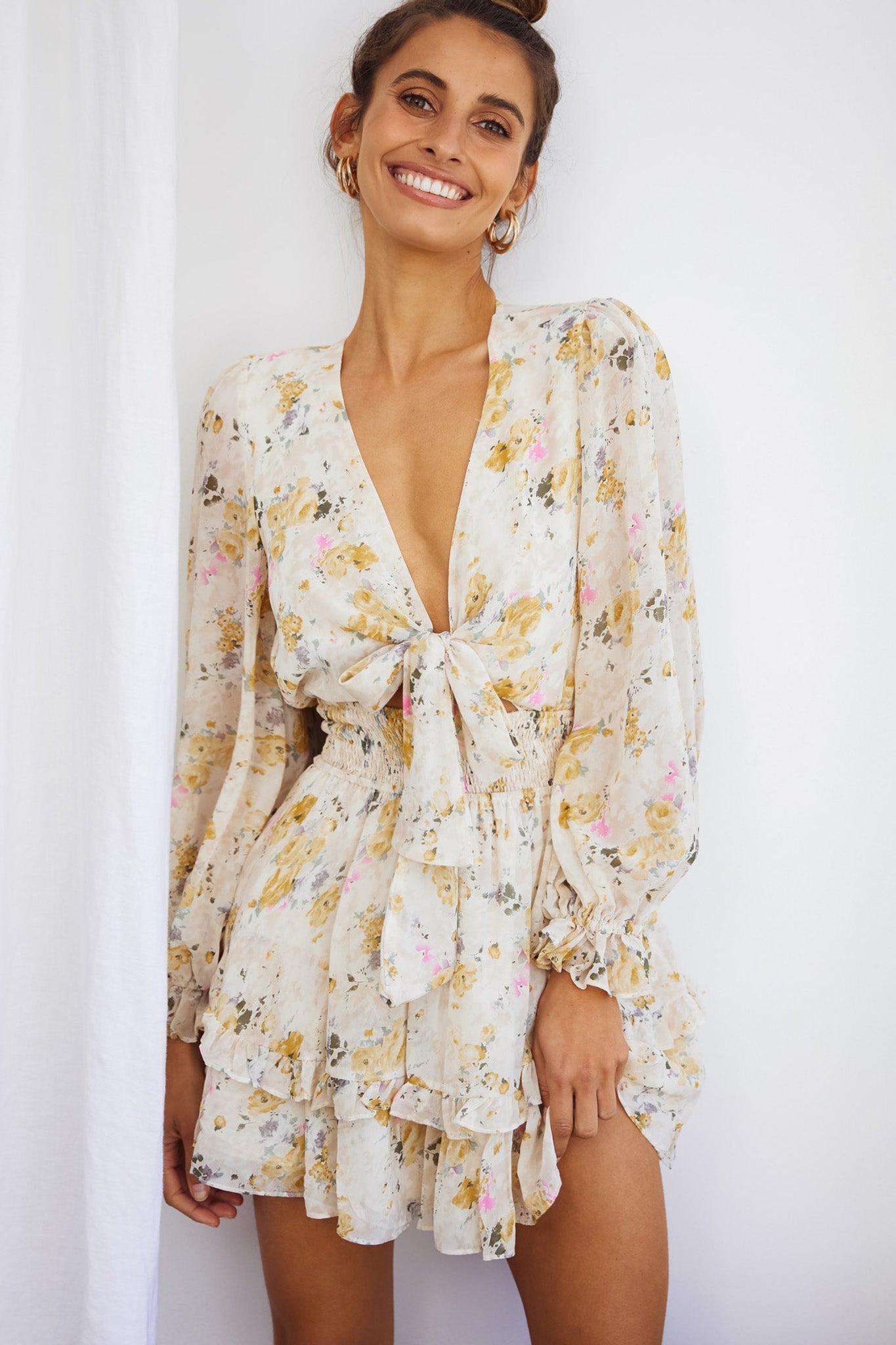 Anthea Bow-Tie Front Layered Frill Dress Vintage Floral Print Beige by Selfie Leslie