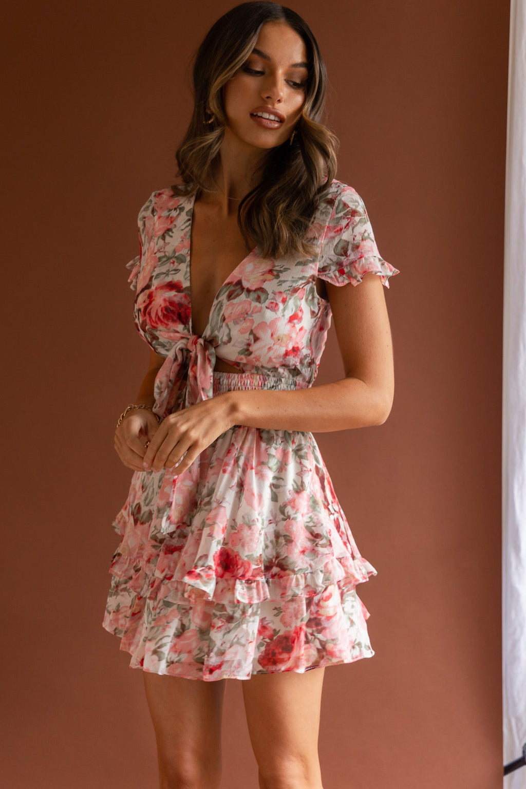 Anthea Bow-Tie Front Layered Frill Dress Floral Print Pink by Selfie Leslie