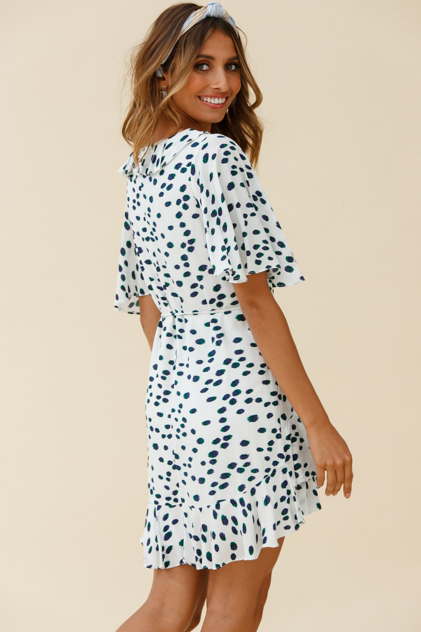 Keziah Angel Sleeve Ruffle Trim Dress Spotty Print White by Selfie Leslie