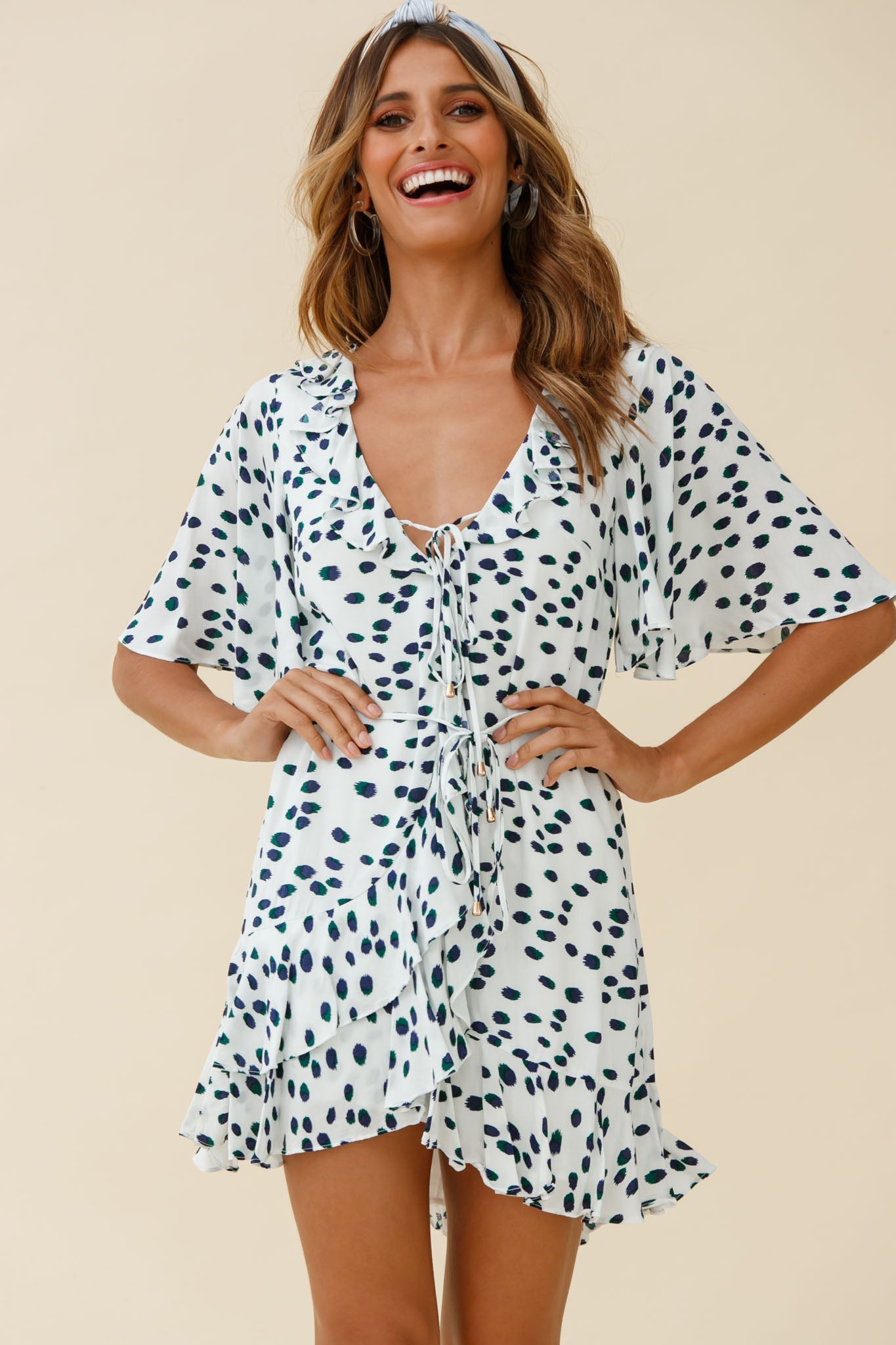 Keziah Angel Sleeve Ruffle Trim Dress Spotty Print White by Selfie Leslie