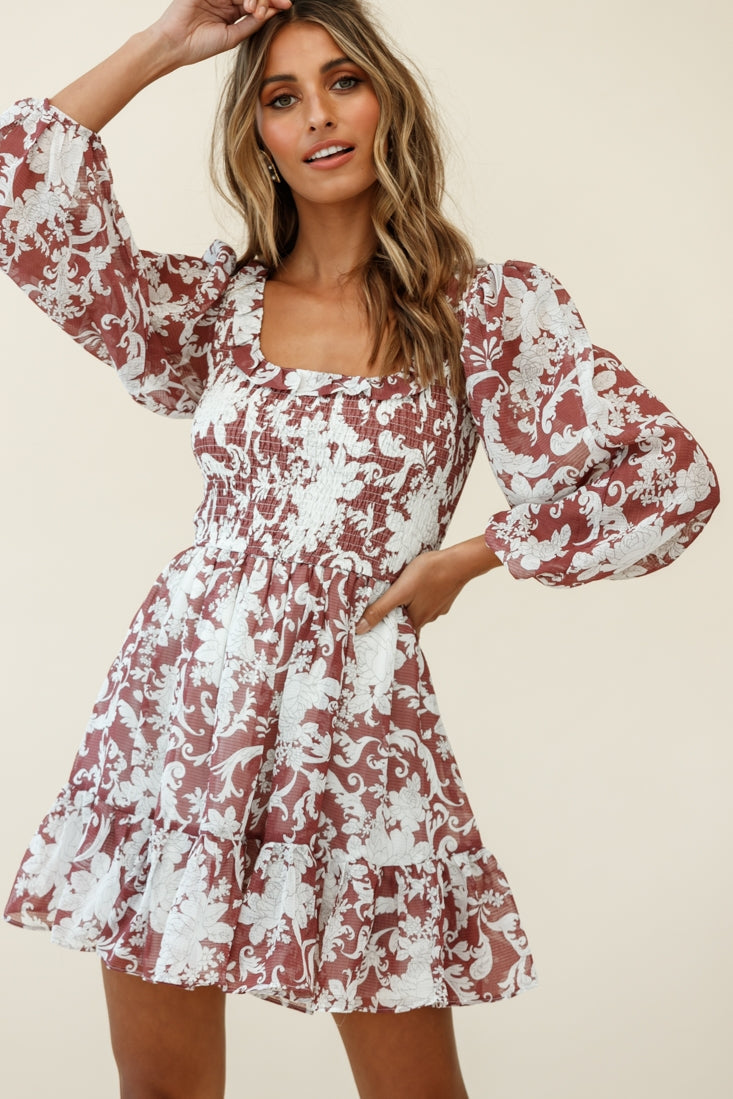 Athaliah Shirred Bust Balloon Sleeve Dress Ornate Print Maroon by Selfie Leslie