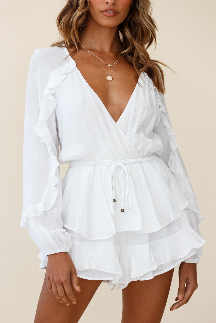 Nebula Long Sleeve Layered Ruffle Romper White by Selfie Leslie