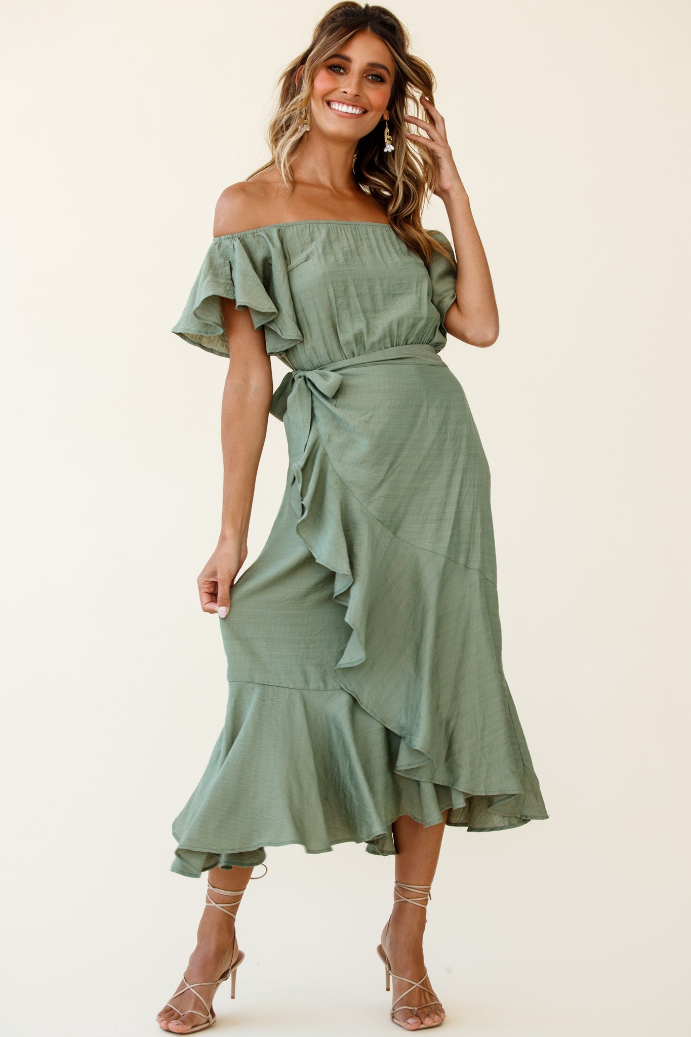 Bettina Bardot Neckline Faux-Wrap Midi Dress Olive by Selfie Leslie