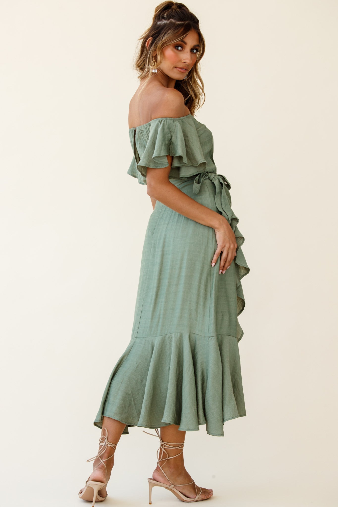 Bettina Bardot Neckline Faux-Wrap Midi Dress Olive by Selfie Leslie