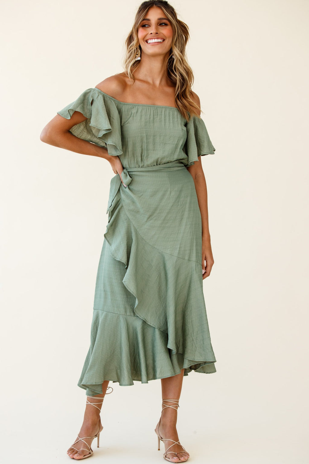 Bettina Bardot Neckline Faux-Wrap Midi Dress Olive by Selfie Leslie