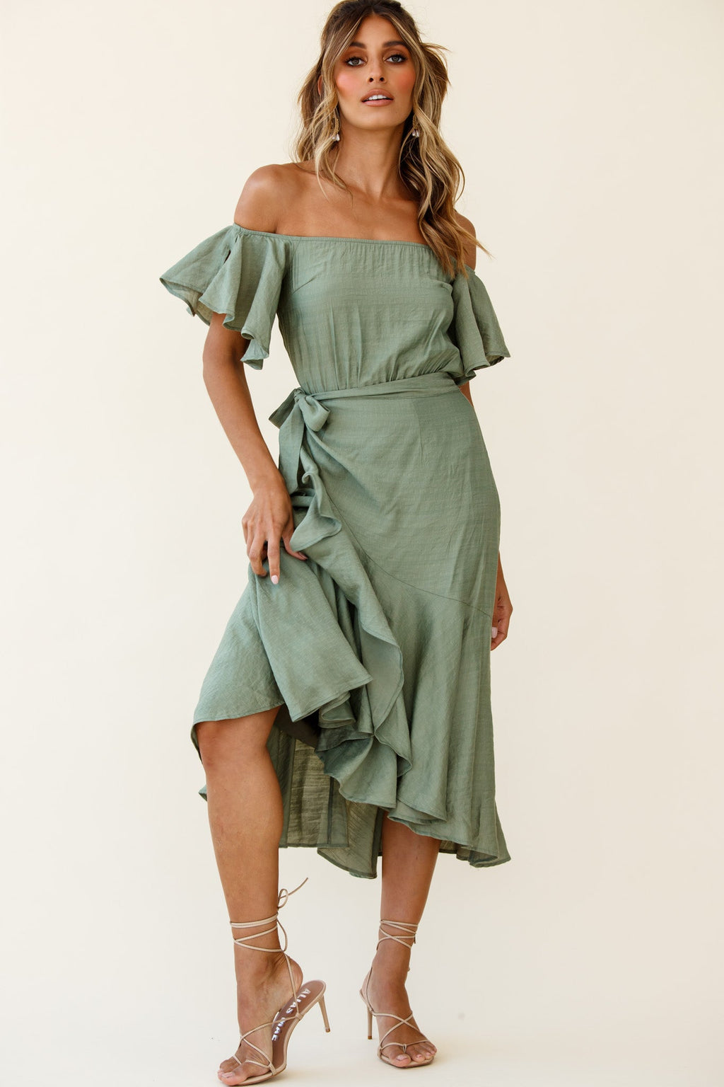 Bettina Bardot Neckline Faux-Wrap Midi Dress Olive by Selfie Leslie