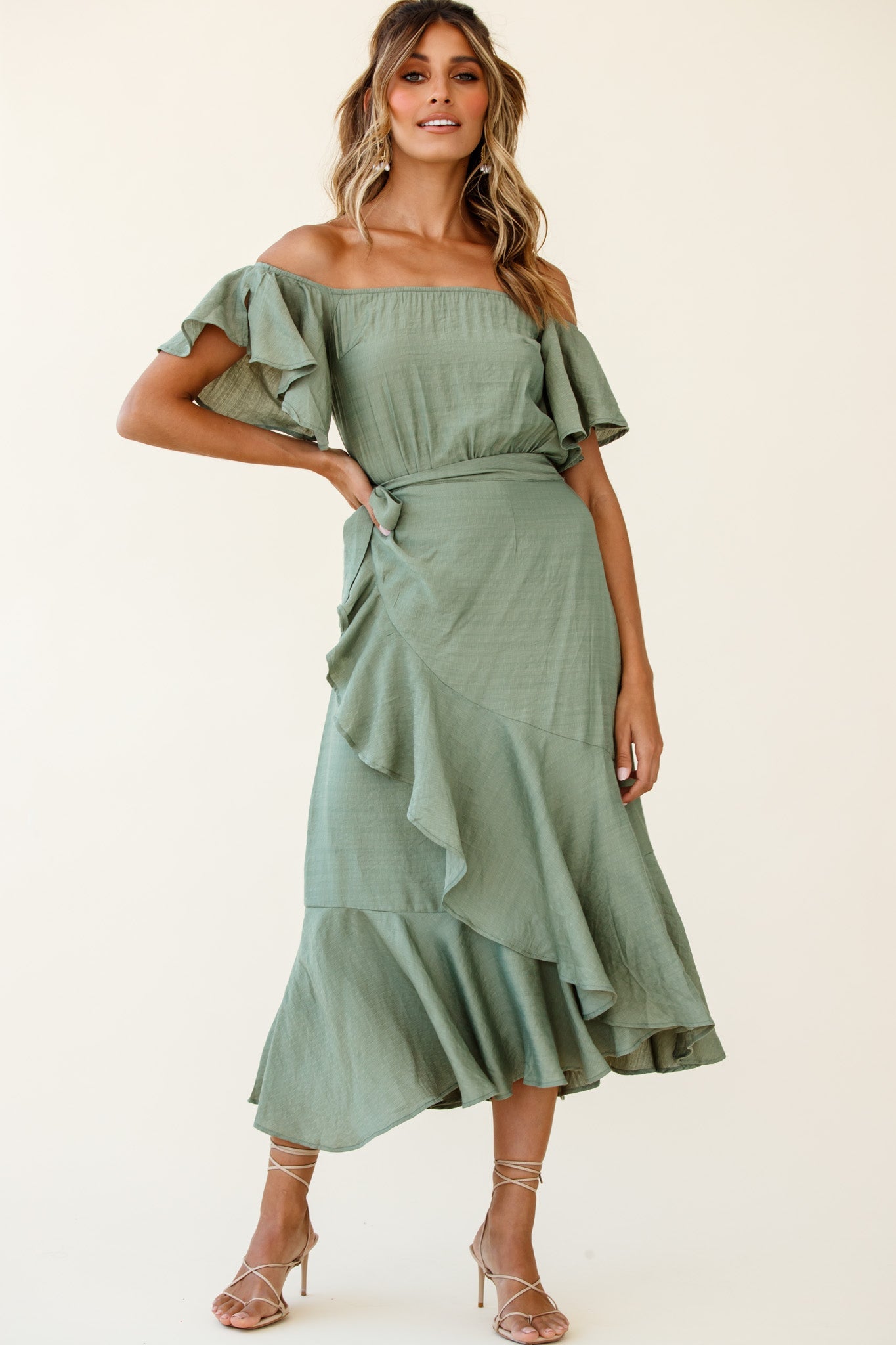 Bettina Bardot Neckline Faux-Wrap Midi Dress Olive by Selfie Leslie
