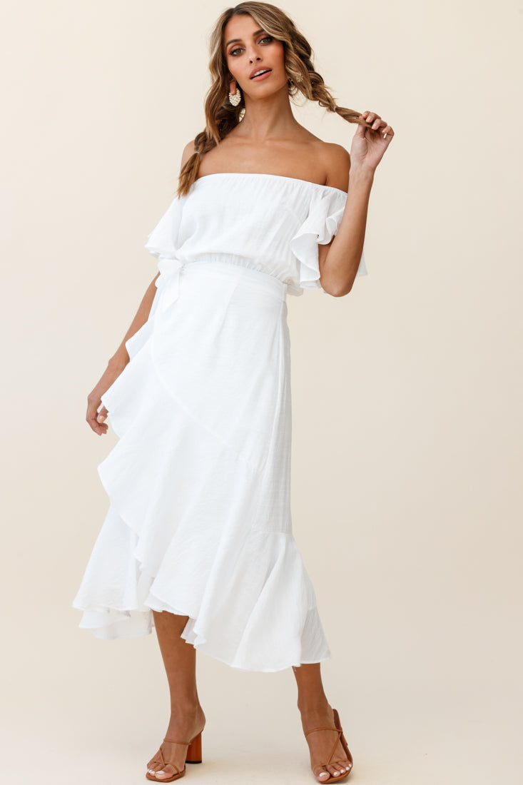 Bettina Bardot Neckline Faux-Wrap Midi Dress White by Selfie Leslie