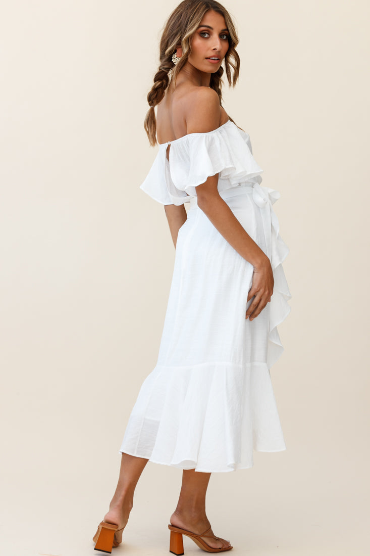 Bettina Bardot Neckline Faux-Wrap Midi Dress White by Selfie Leslie