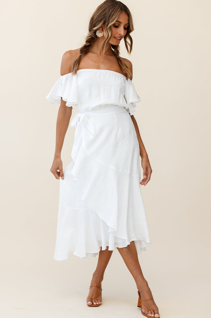 Bettina Bardot Neckline Faux-Wrap Midi Dress White by Selfie Leslie