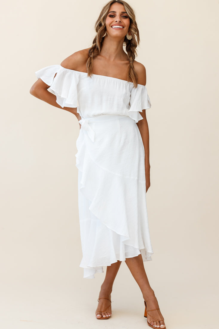 Bettina Bardot Neckline Faux-Wrap Midi Dress White by Selfie Leslie