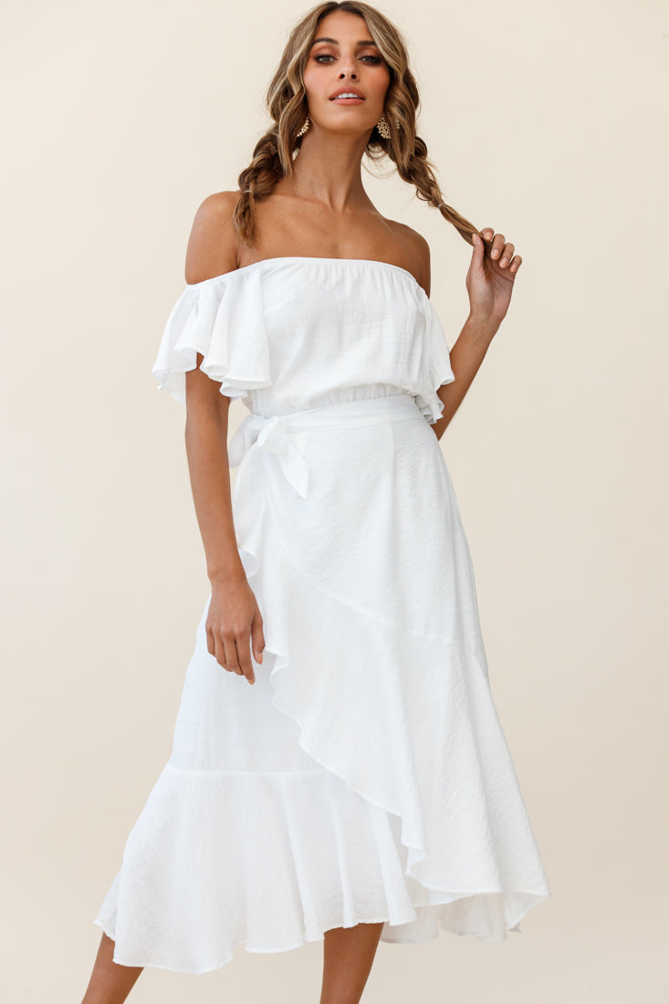 Bettina Bardot Neckline Faux-Wrap Midi Dress White by Selfie Leslie