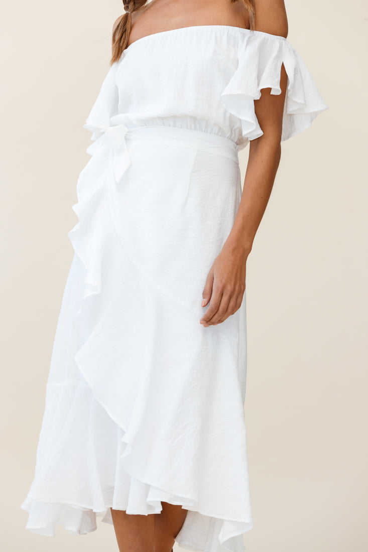 Bettina Bardot Neckline Faux-Wrap Midi Dress White by Selfie Leslie