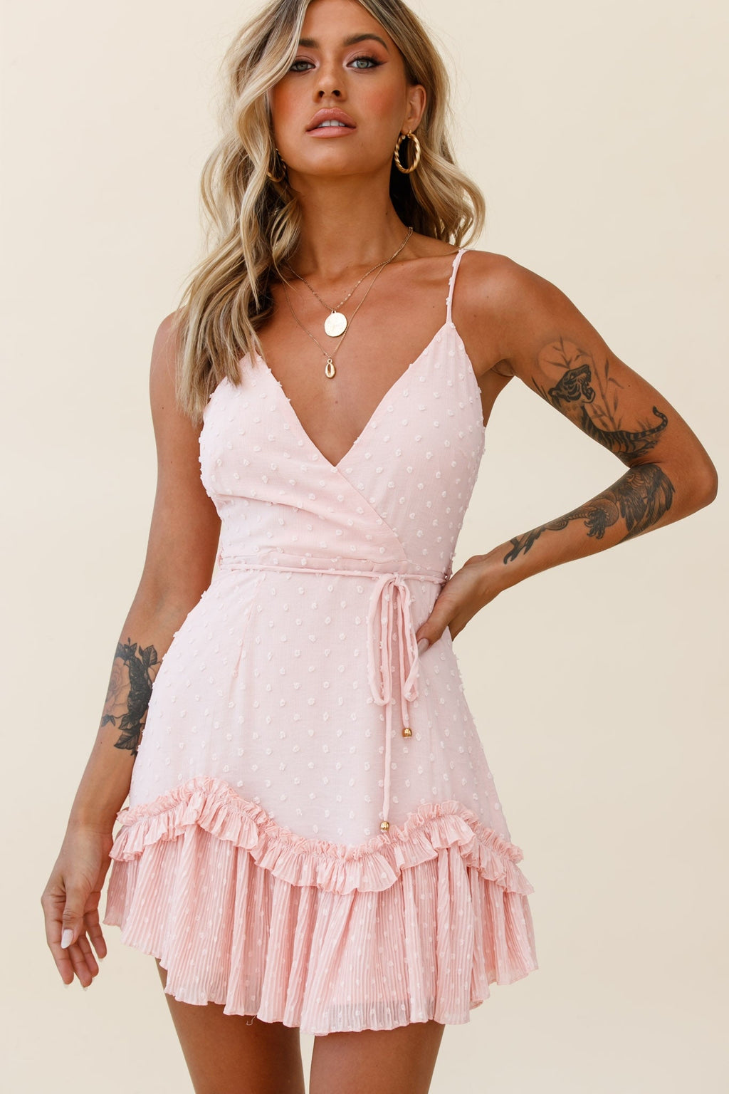 Erica Cami Strap Accordion Pleat Dress Hail Spot Nude by Selfie Leslie