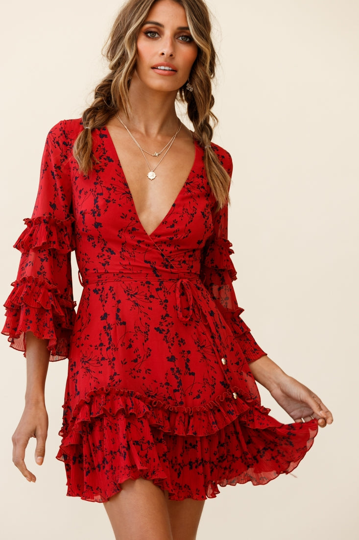 Erica Bell Sleeve Accordion Pleat Dress Floral Print Red by Selfie Leslie