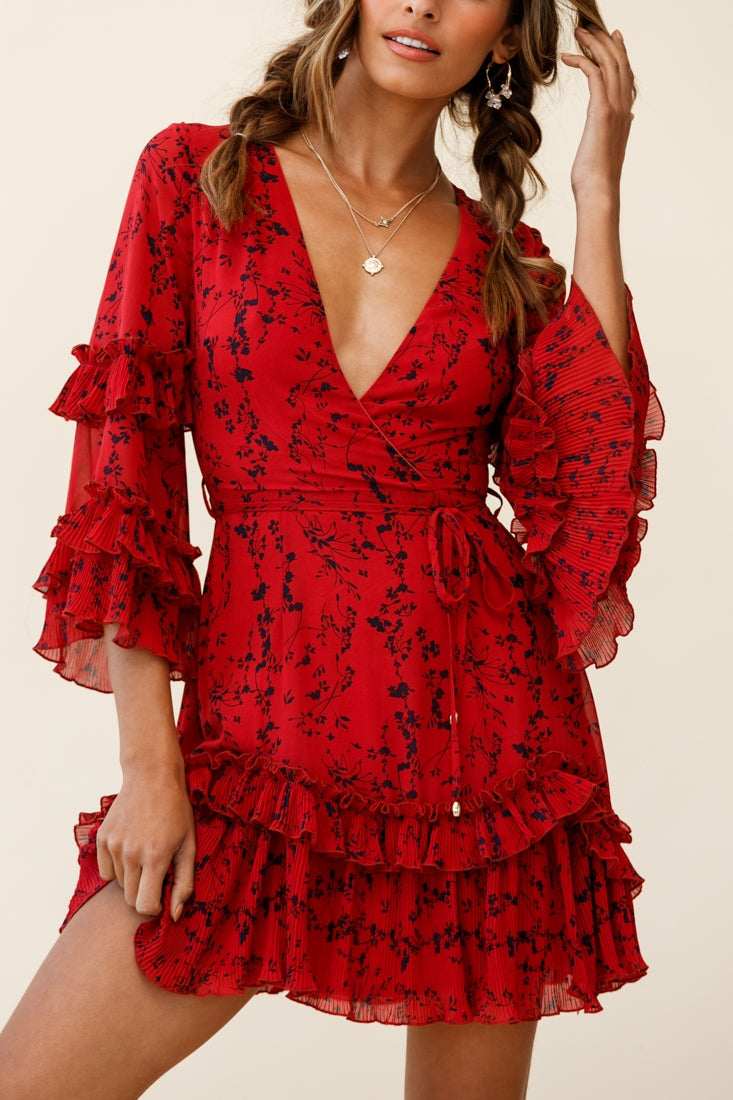 Erica Bell Sleeve Accordion Pleat Dress Floral Print Red by Selfie Leslie